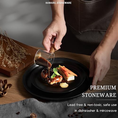HaWare Plates and Bowls Set, Stoneware Dinnerware Sets, 18-Piece - color: Matte Black, size: 18 Pieces- Service for 6