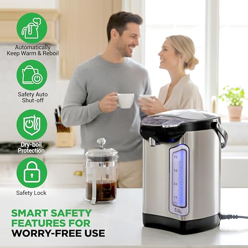 NutriChef Electric Water Boiler and Warmer - 5L/5.28 Qt Stainless Steel Hot Water Dispenser w/Rotating Base, Keep Warm Temperature Set, Auto Shut Off, Safety Lock, Instant Heating for Coffee & Tea - size: 5.3 Quarts