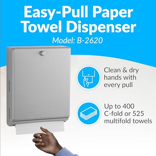 Bobrick B-2620 Surface Mounted Paper Towel Dispenser - Stainless Steel Commercial Bathroom Towel Dispenser with Knob-Latch 400 C-Fold or 525 Multifold Capacity - size: 14", style: Knob-Latch