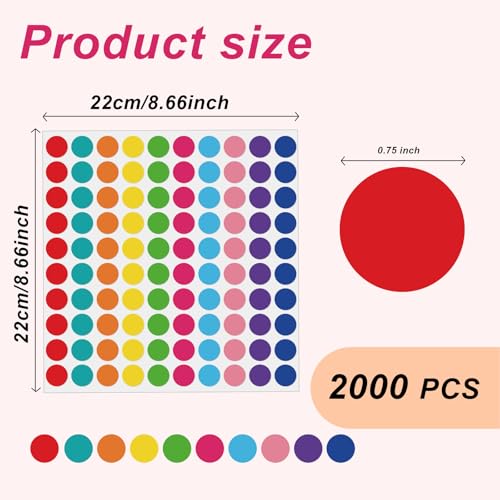 2000 Pcs 3/4" Garage Sale Price Stickers Sheets, 10 Color Yard Sale Price Stickers, Round Color Coding Labels, Circle Dot Sticker for Home Decorative,Office, Classroom, Papers Etc - color: Multicolor, size: 0.75inch