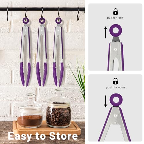HOTEC Small Silicone Kitchen Tongs 7-Inch Mini Serving Tongs, Set of 3 - color: Purple