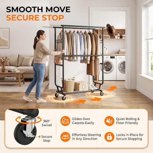 Heavy Duty Clothes Rack with Wheels, Garment Rack Load 660 LBS, Rolling Clothes Rack for Hanging Clothes, Height Adjustable& Scalable& Foldable, for home or commercial, 75"x 22"x 73", Black - color: 4 Rods& Black