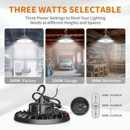 UFO LED High Bay Light 240W 36,000lm 5000K Daylight, High Bay LED Shop Light 0-10V Dimmable with US Plug 5’ Cable, Commercial LED Warehouse Lights, Factory Area Lighting Fixture, 2PCS