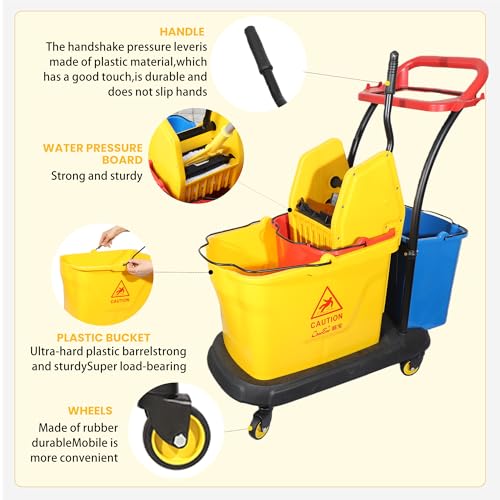 Commercial Cleaning Cart On Wheels, Floor Cleaning Rectangular Mop Bucket with Sturdy Down Press Wringer Combo, 38-Quart, Yellow,ADD One Heavy Duty Mop and Wet Floor Caution Sign（24Inch）