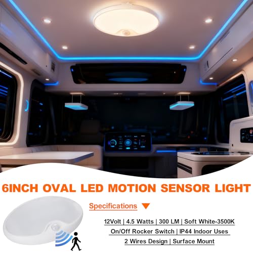 RV Motion Sensor Light LED 12 Volt Light Fixtures 6 Inch Oval with Switch - color: White shell
