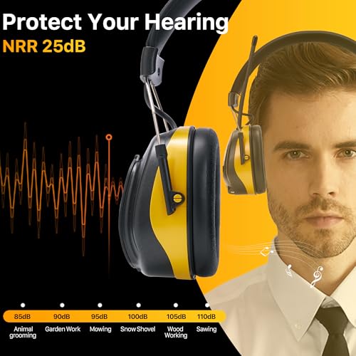 AM/FM Radio Headphones 25dB NRR,Noise Reduction Safety Earmuffs,Digital Display Headset,Powered by AA Battery,Hearing Protection for Walkman Mowing Lawn Work,Yellow - color: Yellow