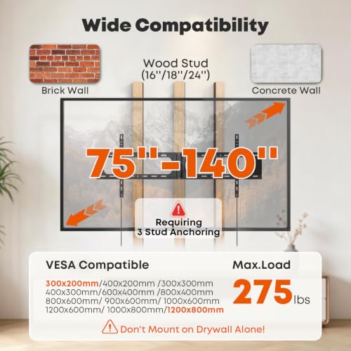Heavy Duty Fixed TV Wall Mount for 37–140 Inch TVs up to 275 lbs - size: 140 Inch