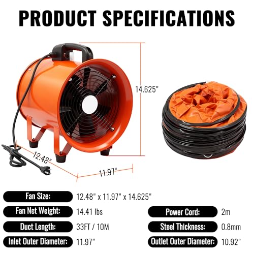 dreamdragon 10-Inch Utility Blower Fan with 33FT Duct Hose, 3300 RPM - color: 10in-33ft
