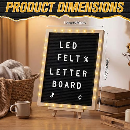 12 x 16 Inches Felt Letter Board & LED Light, Black, Natural Wood - color: Black, size: 12 x 16 Inches, style: Natural Wood