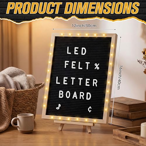 12 x 16 Inches Felt Letter Board & LED Light, Black, Natural Wood - color: Black, size: 12 x 16 Inches, style: Natural Wood