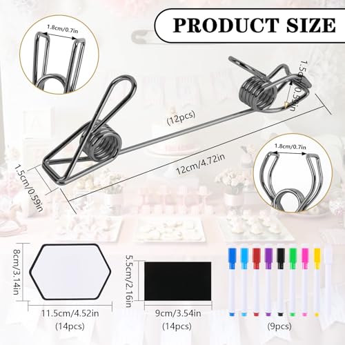 12 Pcs Metal Double Sided Sign Clips, Black Reusable label holders clips with 9 Colored Markers & 28 Laminated Erasable Cards for Table Numbers, Retail Display, Menu, Photo-Clip-On Sign Holders (Black) - color: Black