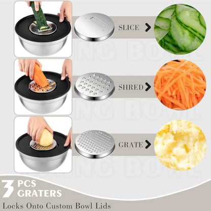 HOOTO Stainless Steel Mixing Bowls with Lids, 5 Pcs Mixing Bowls with Lids Set Included 3 Grater Attachments, Size 4.5, 4, 3.5, 2.1, 1.5QT Mixing Bowl Set for Baking and Serving (Black, 5 Pack)