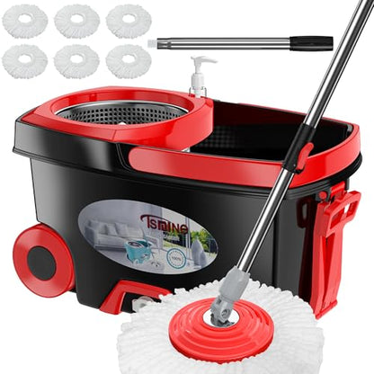 FunClean Large Spin Mop Bucket Set with Wringer, 2 Gal Capacity, Black - size: Large - 6 Mop Heads - Black