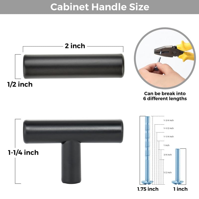 3 Pack Black Cabinet Knobs, 2in Length T Bar Drawer Pulls - color: Matte Black, size: 3 Pack, style: T Bar