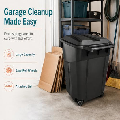 45-Gallon Outdoor Wheeled Trash Can with Attached Lid, Black - size: 45