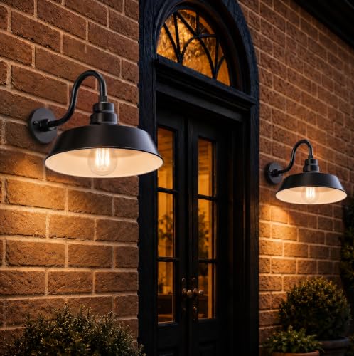 14in. Satin Black Outdoor Gooseneck Barn Light Fixture, 5000K Cool White - color: Satin Black (2-Pack), size: 10 in Gooseneck Arm