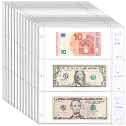 50 Sheets Currency Sleeves 150 Pockets with Labels for 3-Ring Binder - size: 50 Sheets/150 Pockets