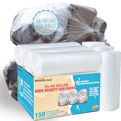 BEIDOU-PAC 55-60 Gallon Trash Bags, 150 Count Bulk, Heavy Duty Clear Plastic Recycling Garbage Bags, Multi-purpose Can Liners for Business Home Commercial, Industrial Contractors, Storage, Outdoor - style: 55-60 Gallon |150 Count(Value Pack)