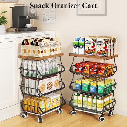 SAYZH 4-Tier Fruit and Vegetable Basket Stand for Kitchen, Wood Top, Black - color: Black, size: 4 Tiers