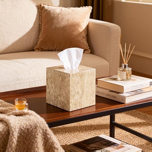 Natural Marble Tissue Box Holder Cover with Open Bottom - color: Light Brown