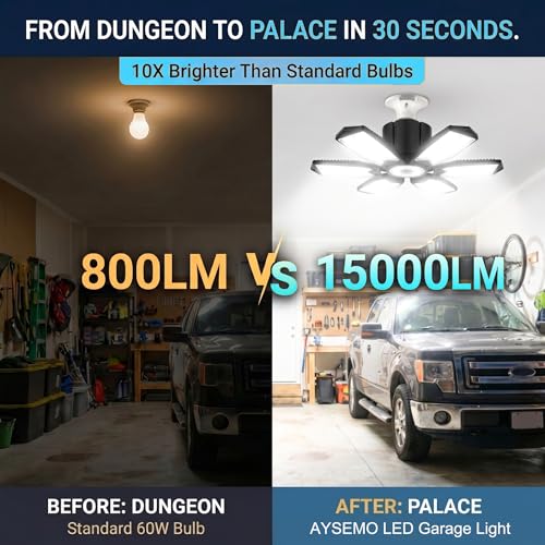 150W LED Garage Lights, 15000LM Super Bright Light Bulb for Garage Ceiling Lights, 6 Deformable Panels LED Shop Lights, E26/E27 Screw in Garage Lighting for Basement Workshop Barn - size: Standard Manual Switch-150W