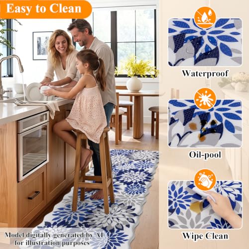 HEBE Anti Fatigue Kitchen Rugs Set of 3, Cushioned Kitchen Mats for Floor - color: Blue/Floral