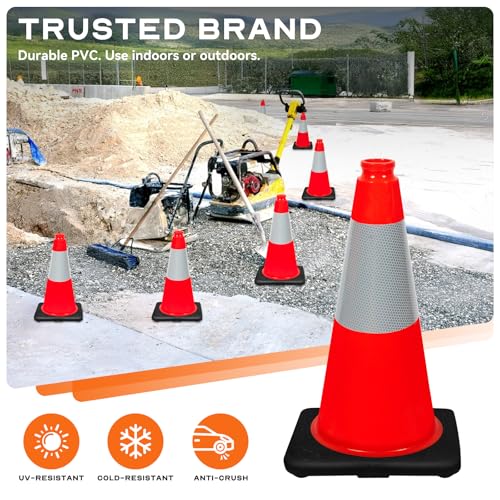 (Set of 6) CJ Safety 18" Black Base Orange PVC Traffic Safety Cones with 6' Reflective Collar (6 Cones) - size: 6 Cones