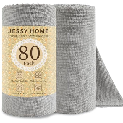 Jessy Home 80 Pack Reusable Paper Towels Grey Microfiber Cleaning Cloth Roll 12"x12" Microfiber Towels for Kitchen, Tear Away Cloth, Lint Free Rags for House,Car,Window,Cleaning Supplies - color: Ash Grey