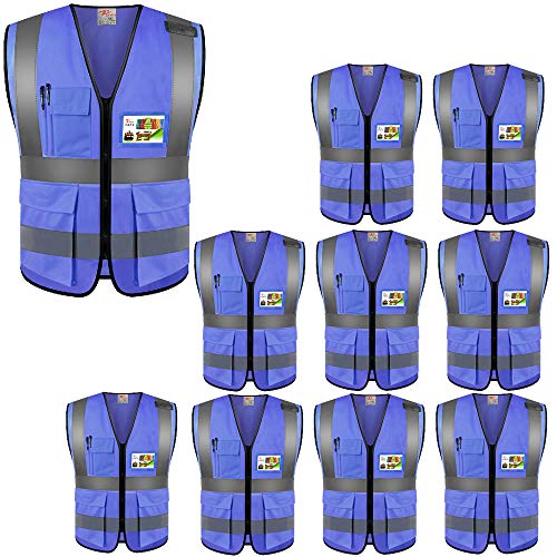 zojo High Visibility Reflective Safety Vest with Multi Pockets 10 Pack Bulk - color: Blue, size: XX-Large