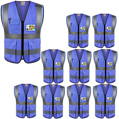 zojo High Visibility Reflective Safety Vest with Multi Pockets 10 Pack Bulk - color: Blue, size: X-Large