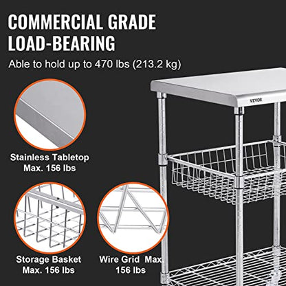 VEVOR Kitchen Utility Cart, 36.6"x20"x24" 3 Tiers Wire Rolling Cart, 470LBS Capacity Steel Service Cart with Brake Wheels, Storage Trolley with 76mm Basket PP Liner 6 Hooks, for Indoor & Outdoor Use - size: 24"D x 20"W x 36.6"H, style: Drawer Cart