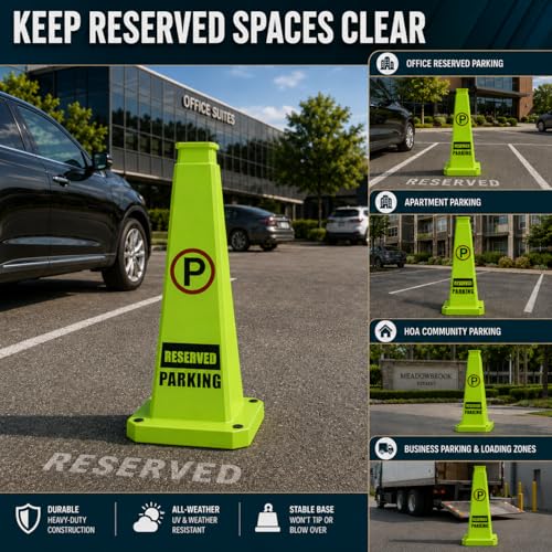 BESEA Reserved Parking Cones 3 Pack, 36 Inch Green Weighted Parking Cones - color: Green, size: 36INCH With Caution Sign