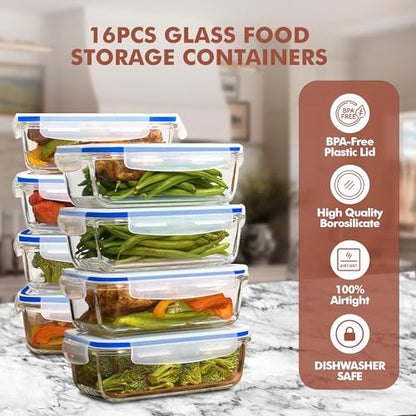 Razab 16 Pc (Set of 8) 30 Oz Glass Meal Prep Containers with Lids, Airtight Large Glass Food Storage Containers, Reusable Leak Proof BPA Free, Freezer to Oven and Dishwasher Safe - color: DarkBlue