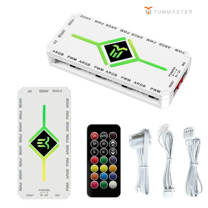 ARGB Fan HUB, 9 Port 4 Pin PC Fan Controller, 5V-3Pin LED Hub, Magnetic Suction, SATA Power Input,RF Remote & Chassis Key Control,Controller Support ARGB PWM Fans Splitter (J-09(White)) - color: J-09(White)