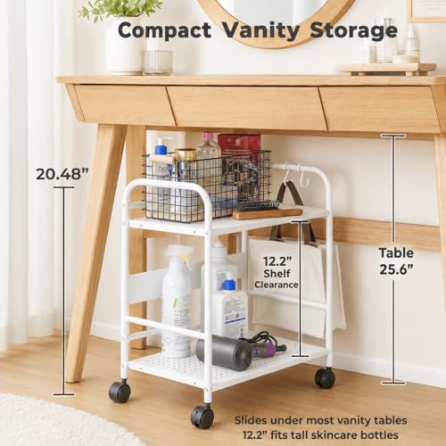 2-Tier Metal Rolling Cart, Compact Under Desk Storage Organizer - color: White
