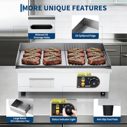 Garvee Commercial Half-Flat Top Griddle, 22in Stainless Steel Griddle Grill with 2 Shovels and 2 Brushes for Home or Restaurant, 1700W Commercial Griddle - size: 22inch Half-Flat Top