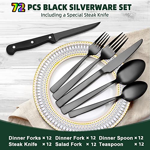 72-Piece Black Silverware Set with Steak Knives for 12, Black Flatware Set