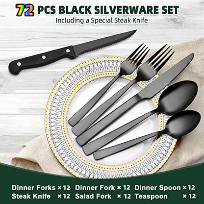 72-Piece Black Silverware Set with Steak Knives for 12, Black Flatware Set