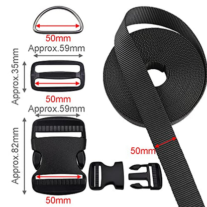 CooBigo 6 Yards Nylon Webbing Strap 6 Pcs Quick Side Release Plastic Buckle 12pcs Tri-glide Slide Clip D Rings (2 Inch set) - color: 2"sets
