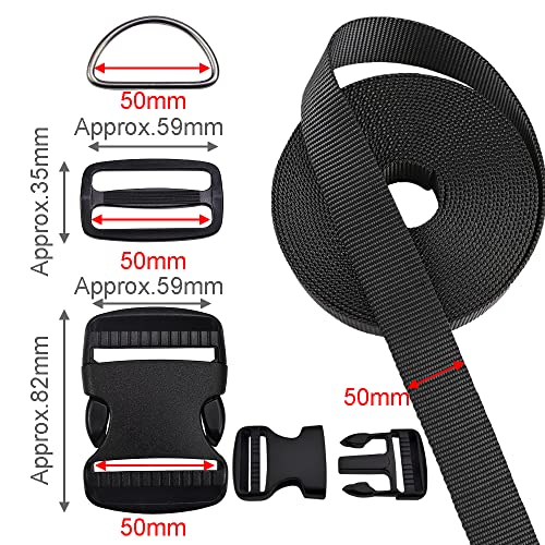 CooBigo 6 Yards Nylon Webbing Strap 6 Pcs Quick Side Release Plastic Buckle 12pcs Tri-glide Slide Clip D Rings (2 Inch set) - color: 2"sets