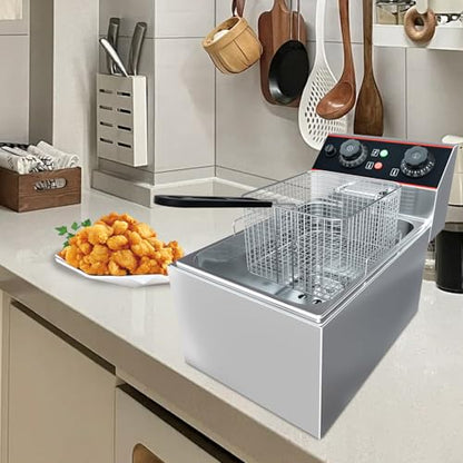 Commercial Deep Fryer with Basket, 12L Electricity Countertop Fryer Stainless Steel, 1800W Professional Food Fryer with Thermostat for Restaurant & Home, Large Capacity 12.7QT Oil Fryer, 120V - size: 6L single cylinder single screen