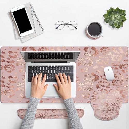 Arttown Keyboard Mouse Pad Set, 4 in 1 Desk Mat Set Leopard Rose - color: Rose Gold Leopard