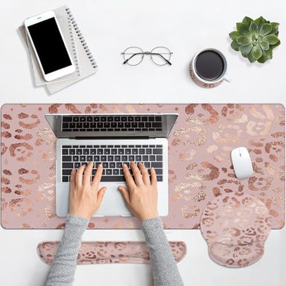 Arttown Keyboard Mouse Pad Set, 4 in 1 Desk Mat Set Leopard Rose - color: Rose Gold Leopard