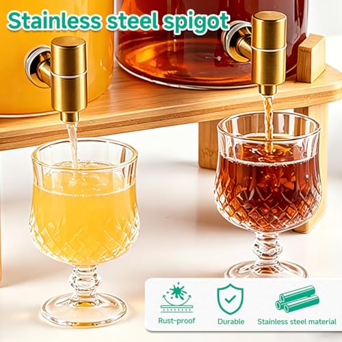 2 Gallon 2 PCS (4 gallon) Beverage Dispenser With Bamboo Wood Stand,Large Glass Drink Dispenser for Parties,Large Water Dispensers with Spigot,Juice Containers & Water Pitcher,Lemonade Dispenser