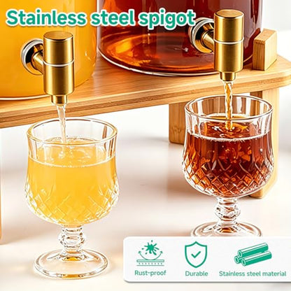 2 Gallon 2 PCS (4 gallon) Beverage Dispenser With Bamboo Wood Stand,Large Glass Drink Dispenser for Parties,Large Water Dispensers with Spigot,Juice Containers & Water Pitcher,Lemonade Dispenser