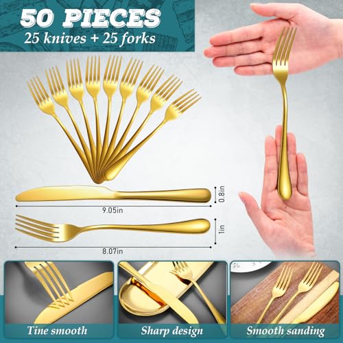 Nuenen 50 Pieces Gold Forks and Knives Stainless Steel Forks Silverware Set - color: Gold, size: 8.07 x 0.94 Inch, 9.06 x 0.79 Inch