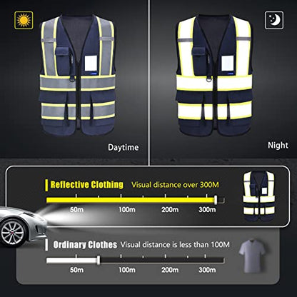 AYKRM Security Vest for Men Women 7 Pockets High Visibility Reflective Safety Vest Front Zipper Meets ANSI/ISEA - color: Navy-sheriff, size: Small