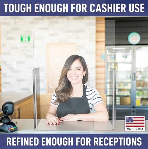 30" x 42" Acrylic Shield Plexiglass Sneeze Guard Barrier w/Cutout Transaction Opening, for Counters, Tables, Checkouts, or Desks - Shields and Protects from Coughing and Sneezing - Made in USA