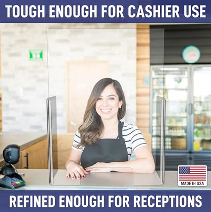 30" x 42" Acrylic Shield Plexiglass Sneeze Guard Barrier w/Cutout Transaction Opening, for Counters, Tables, Checkouts, or Desks - Shields and Protects from Coughing and Sneezing - Made in USA