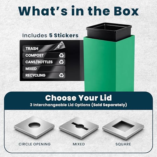 Alpine Commercial Indoor Recycle Bin - 29 Gallon Modern Looking Green Recycle Bin, Office Recycling Bins, Metal Trash and Recycling Container with Stickers & 3 Optional Lids (lid Sold Separately) - color: Green Can